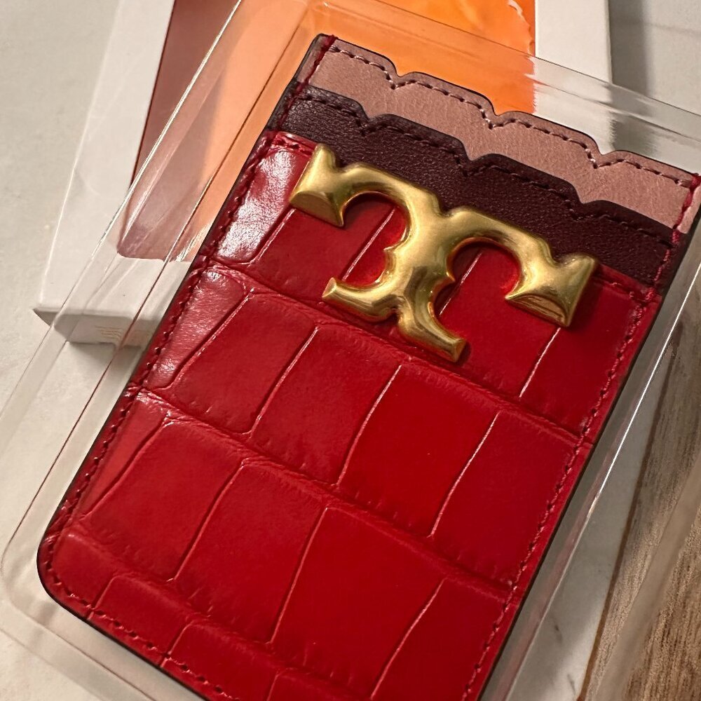 NWT! NEW! Tory Burch Eleanor Gold Logo Phone Card Pocket Holder Croc Embossed
